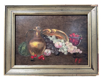 Vintage French Small Fruit Grapes Still Life "Mixed season" Oil Painting On Wood Board In Gold Frame Wall Decor Decoration c1970-80's / EVE