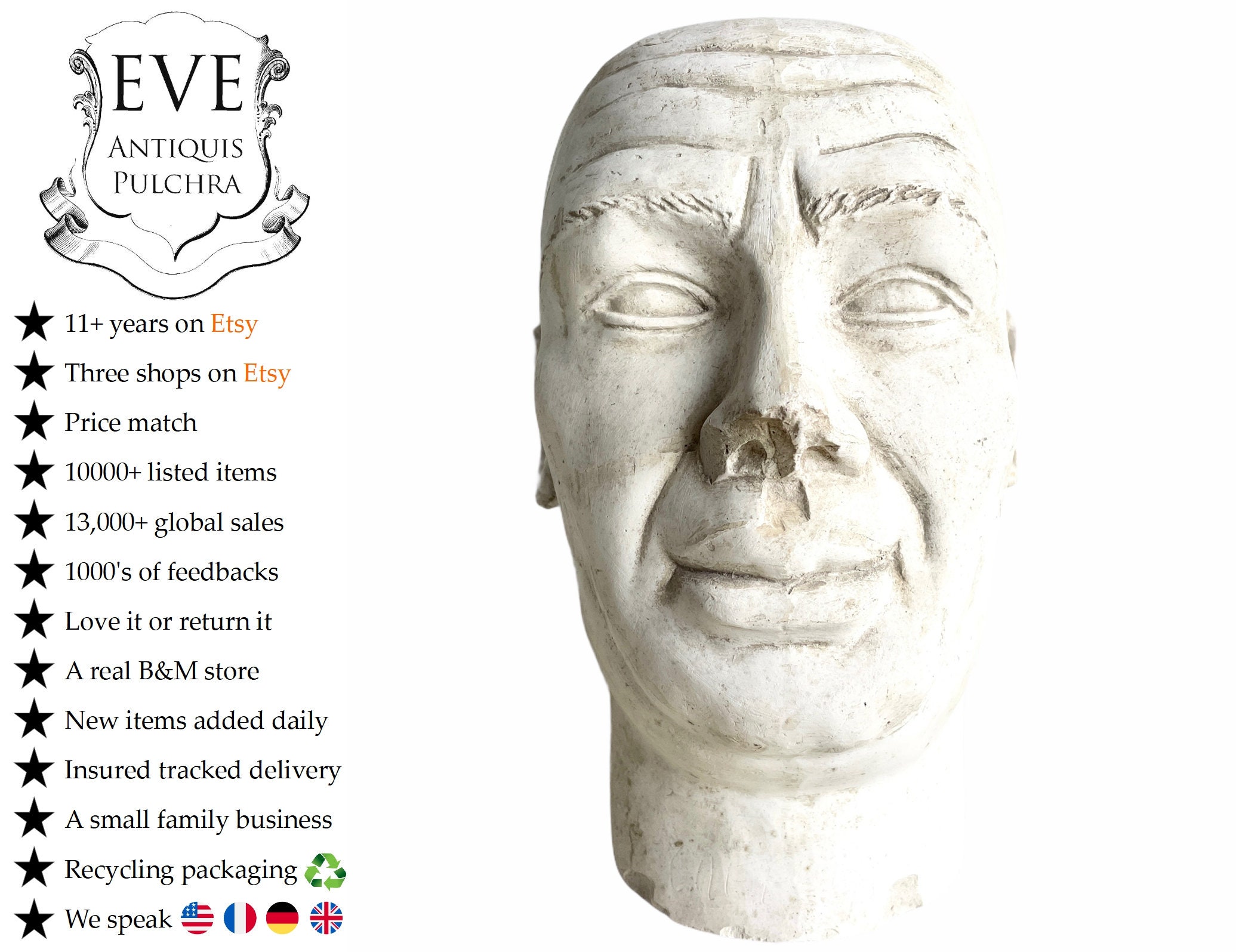 Vintage Français Grandeur Nature Homme Gentleman Plâtre Buste Tête Ornement Figurine Blanc Décoratif