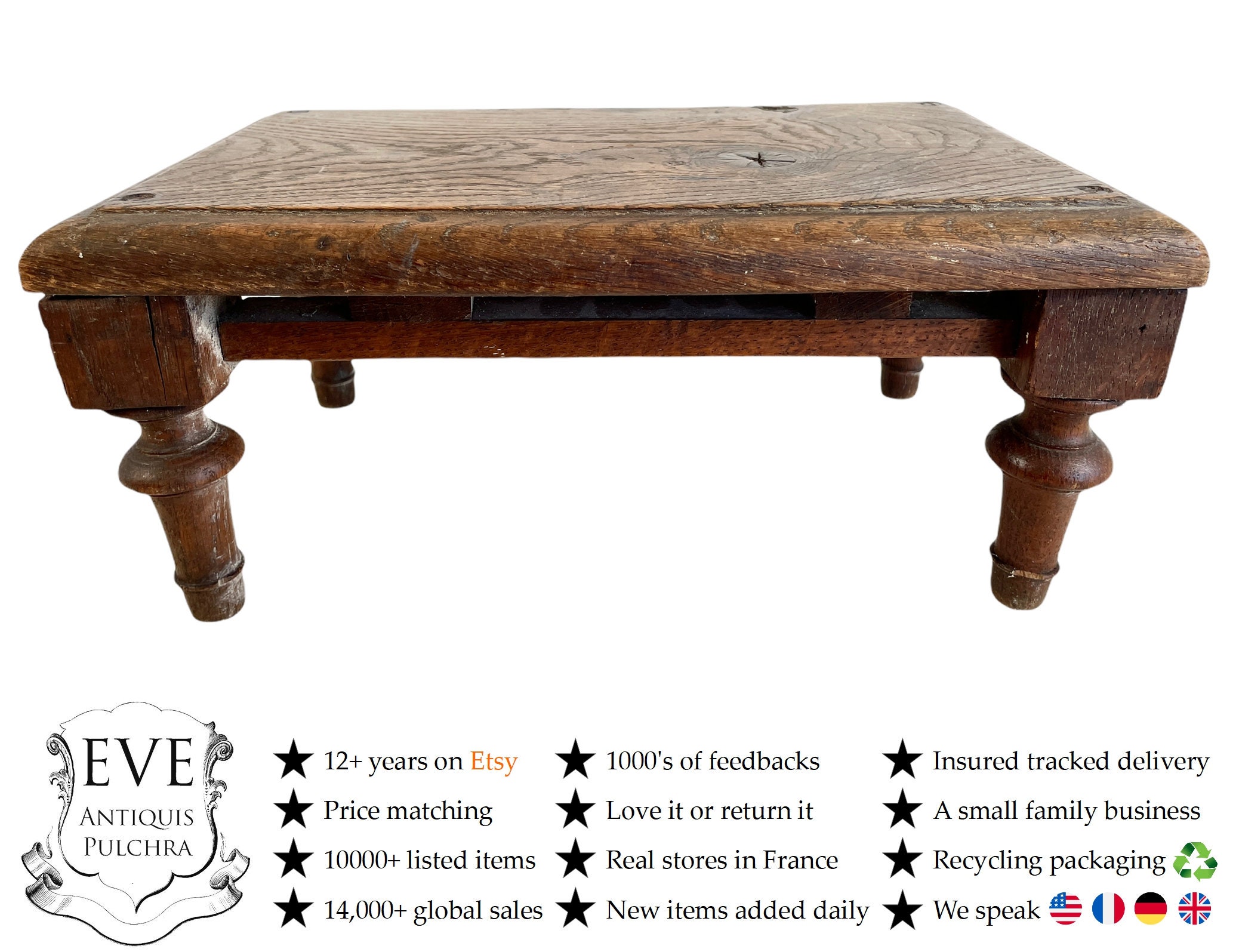 Antique Français Bois Marron Naturel Petit Pied Tabouret Banc Chaise Stand Présent Repos Siège Pieds