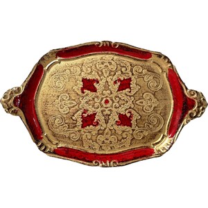 Vintage Italian Florentine Florence Red Gold Ornately Decorated Small Serving Tray Trivet Table Decoration c1970-80&#39;s / EVE