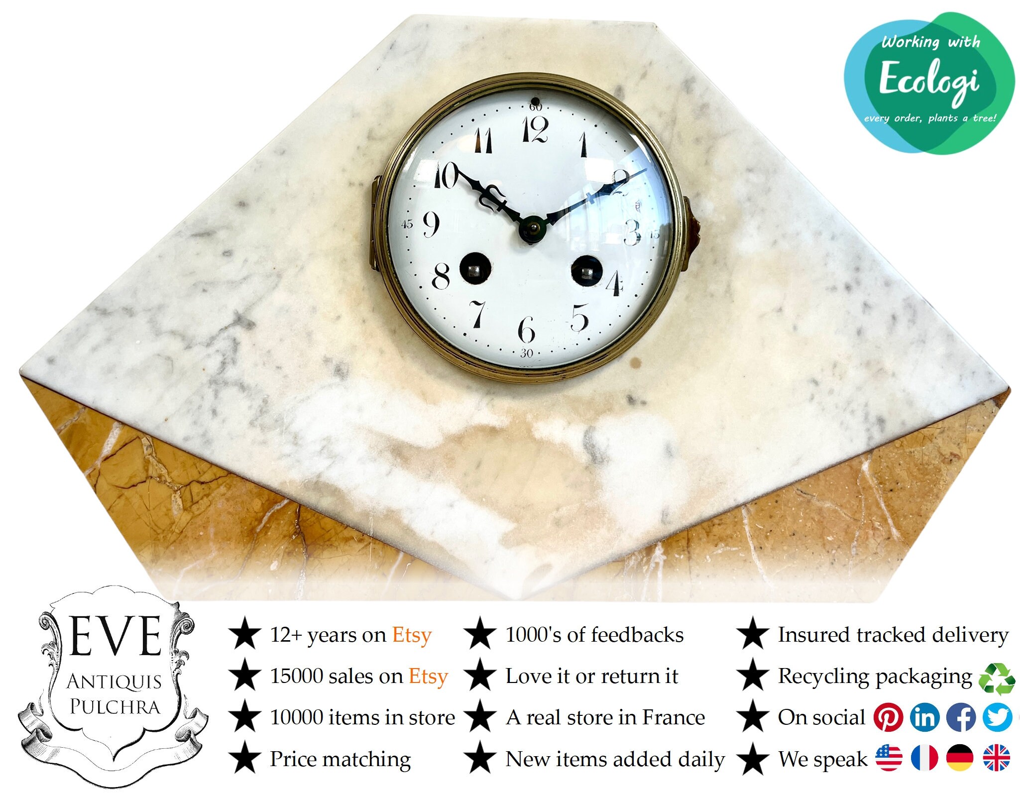 Antique Français Marbre Pierre Horloge Manteau Étagère Pièces Manquantes Ne Fonctionnent Pas C1910-2