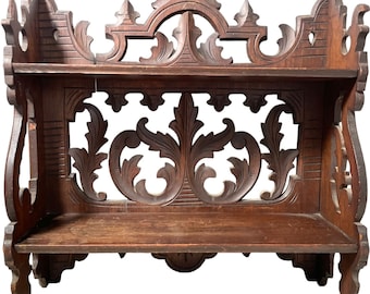 Antique French Wood Wooden Dark Brown Natural Wood Small Shelf Shelving Wall Stand Display Plinth Turned Ornate Decorative c1910-20&#39;s / EVE