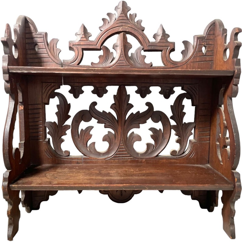 Antique French Wood Wooden Dark Brown Natural Wood Small Shelf Shelving Wall Stand Display Plinth Turned Ornate Decorative c1910-20's / EVE