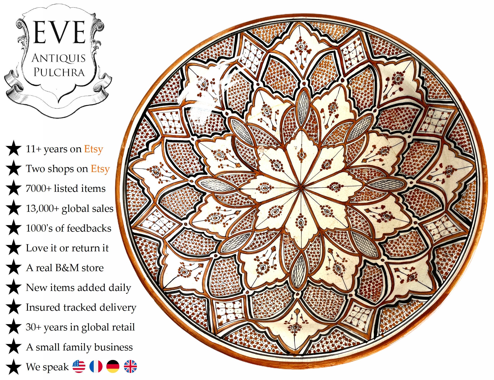 Vintage Marocain Grand Safi Caramel Noir Servir Plat Mural Accrochage Ornement Décor Terre Cuite C19