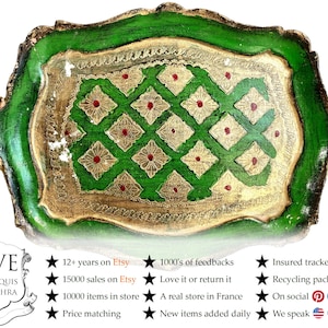 Vintage Italian Florentine Florence Green Gold Wood Ornately Decorated Small Serving Lap Tray Handled Decoration c1980-90&#39;s / EVE de France