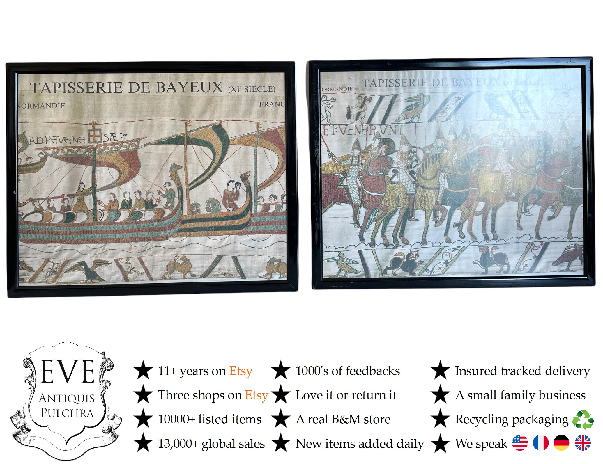 Vintage Français Bayeux Tapisserie Reproduction de Bateau Scène Voile Pour France Angleterre Verre E