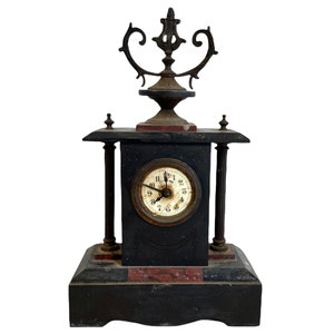 Antique French Black Marble Stone Clock Spelter Mantlepiece Shelf Missing Parts Not Working c1880&#39;s / EVE