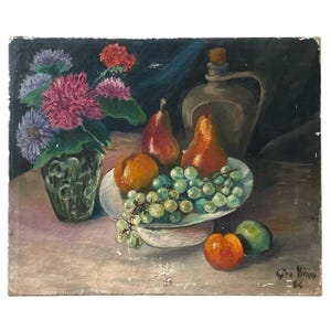 May include: An oil painting depicting a still life with a vase of flowers, pears, grapes, and peaches on a table. The painting features a dark background and a neutral-colored tablecloth. The vase is green, and the fruit is in various shades of red, orange, and green.