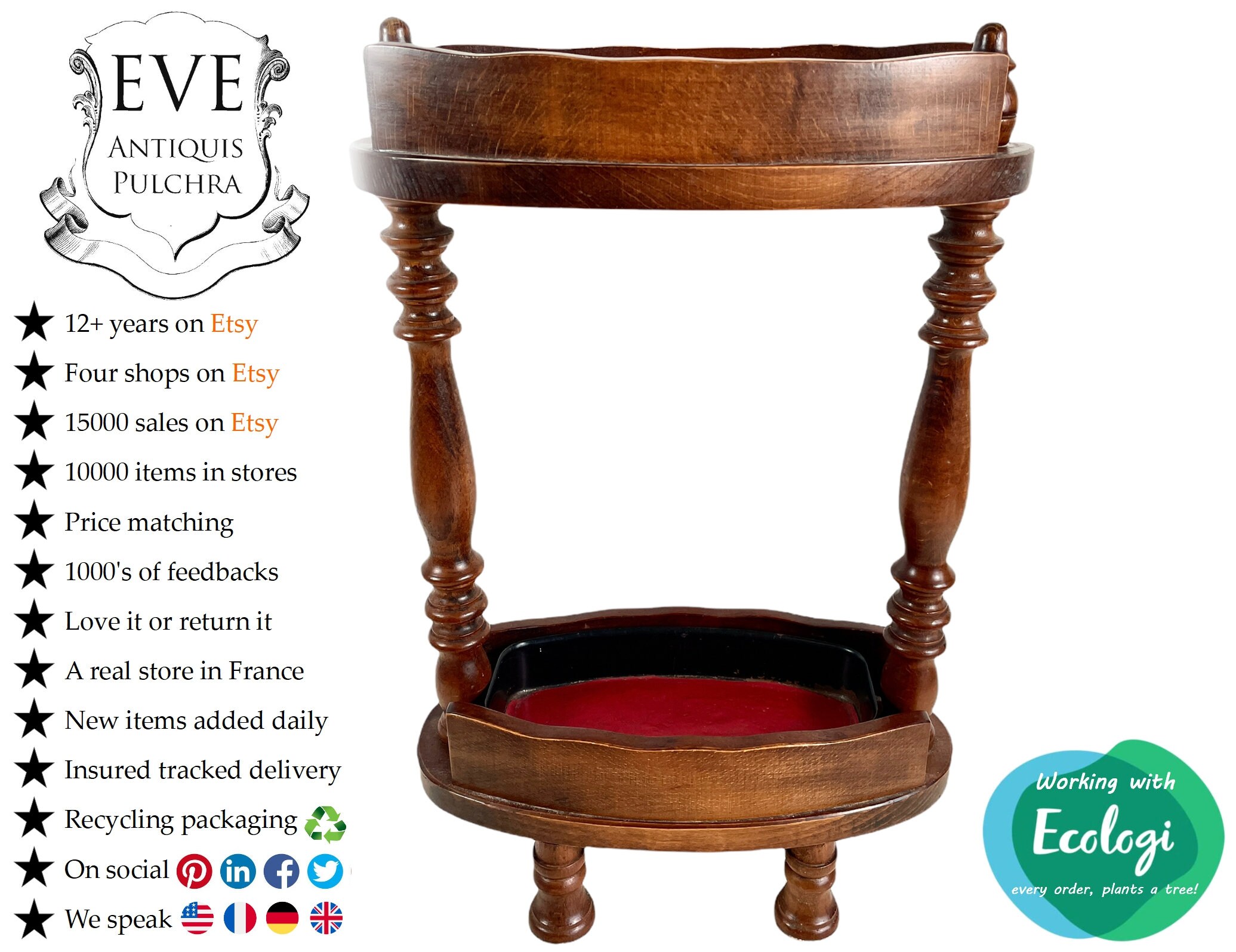 Vintage Français Bois Parapluie en Walking Stick Stand Container Pot Porte Couloir Décor Plateau Ves