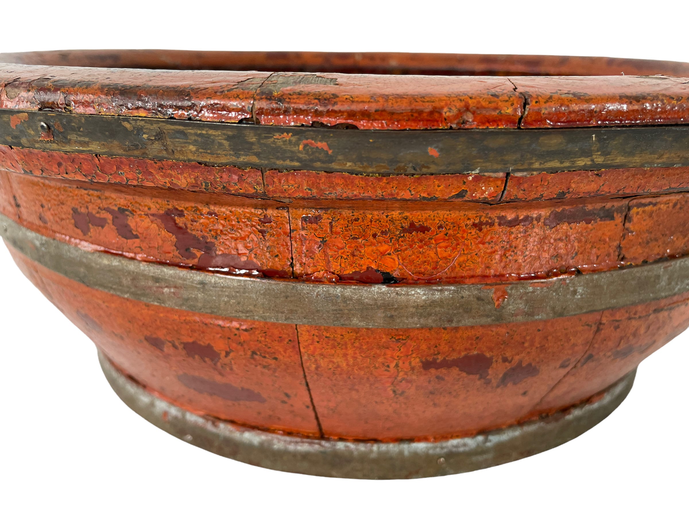 Antique Chinese Large Lacquered Forge Red Wood Basin Bowl Bronze