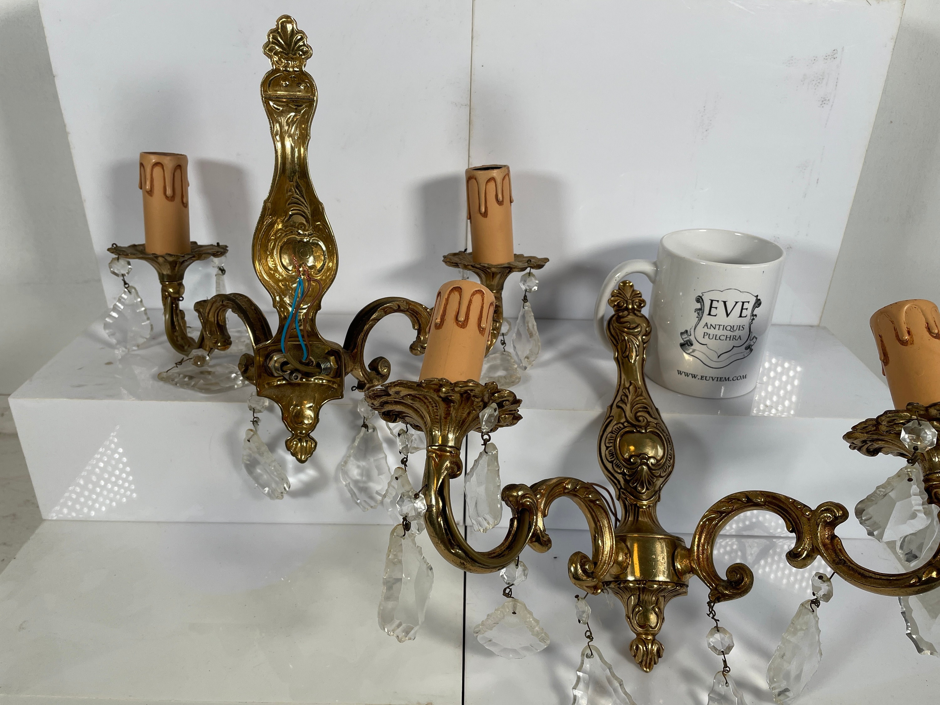 Sconces EVE de France Vintage French Pair Brass Bronze Glass Wall Hanging Electric Light Lantern