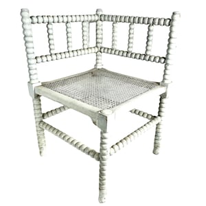 Antique French White Wooden Brown Wood Woven Cane Work Bobbin Corner Chair Stand Display Rest Plinth Seating Tabouret c1910-1920&#39;s / EVE