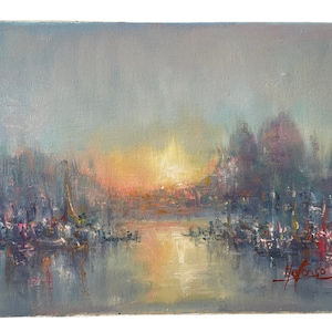 Vintage Italian Venice Coastal Sunrise Sailing Fishing Boats Painting Oil Skyline Marina Harbour Coast On Canvas Mafonso circa 1980&#39;s / EVE