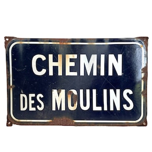 Vintage French Original Iron Enamel Street Sign Chemin Des Moulins Metal Road Display c1950&#39;s / EVE