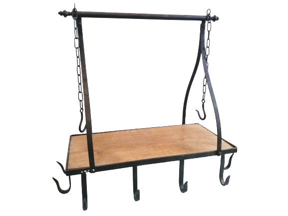 Vintage Français Grand Bois de Fer Rustique Pot Cintre Suspendu Rack Étagère Cuisine Affichage Espac
