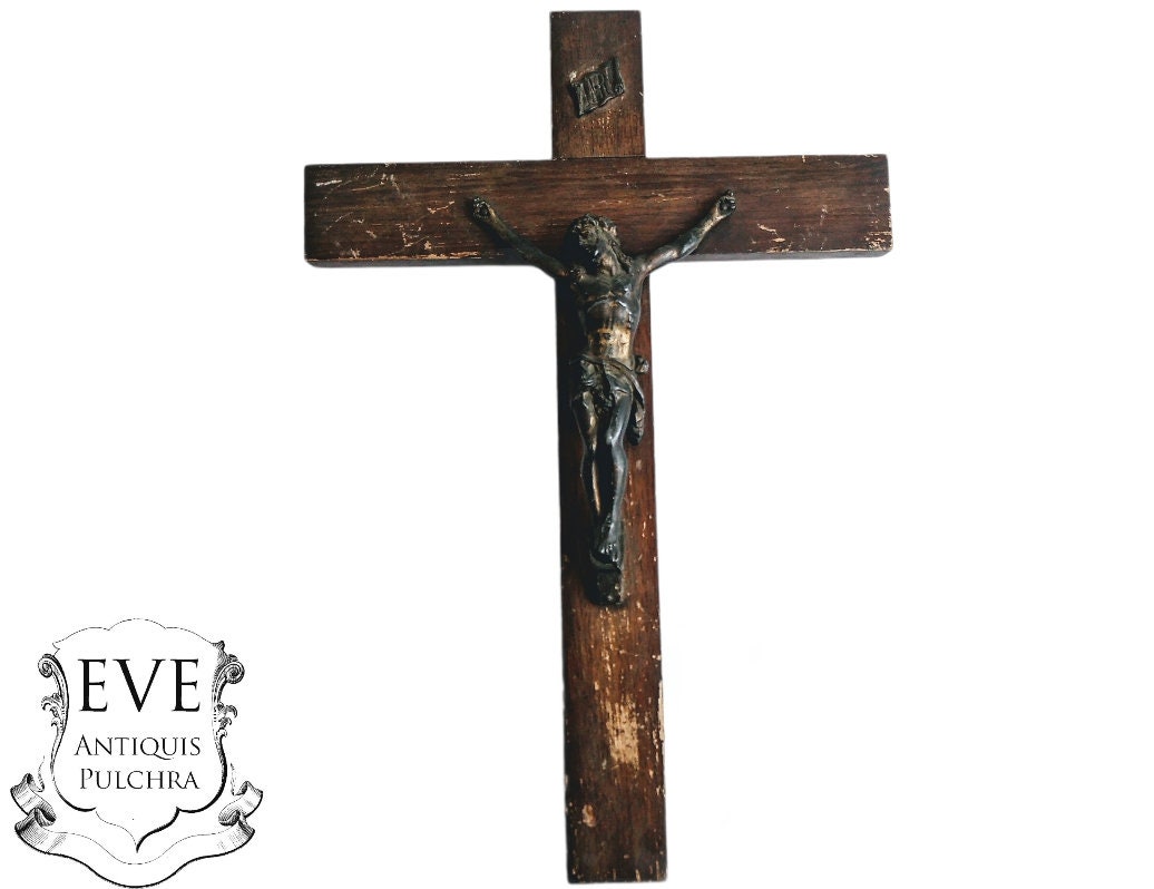 Vintage Français Grand Crucifix Wood Metal Christ With Patina Catholic Church Chapel Cross Religious