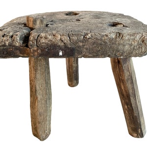 Antique French D Stool Traditional Small Milking Wooden Brown Wood Small Chair Stand Display Plinth Seating Pot Tabouret c1900&#39;s / EVE