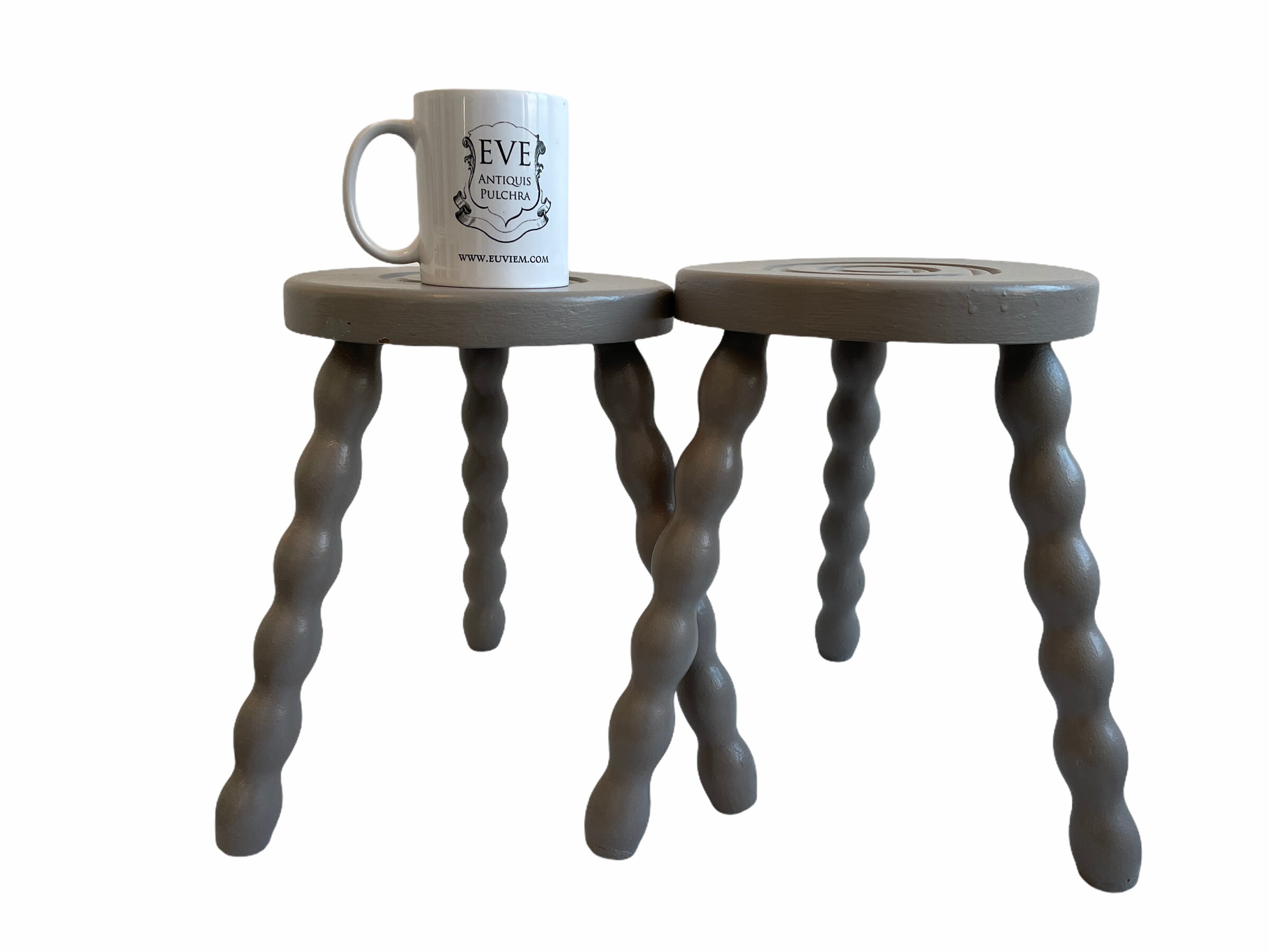 Vintage French Stool Wooden Mushroom Grey Wood Small Milking