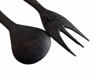 ドゴン族　サハラ砂漠の黒檀スプーン2本フォーク7本セット新品未使用1999年マリ ヴィンテージ アフリカン 彫刻 黒檀 木製 大型 装飾 スプーン