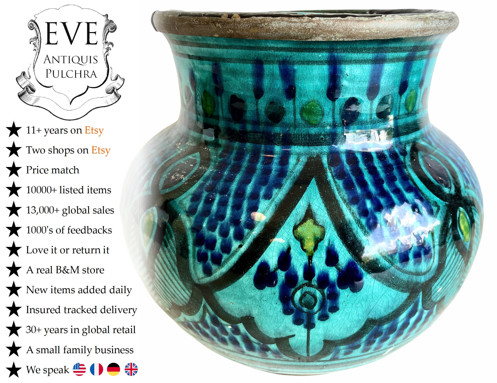 Vintage Marocain Arabe Grand Turquoise Décoratif Décoré Vase en Argile Décor Design Terre Cuite C197