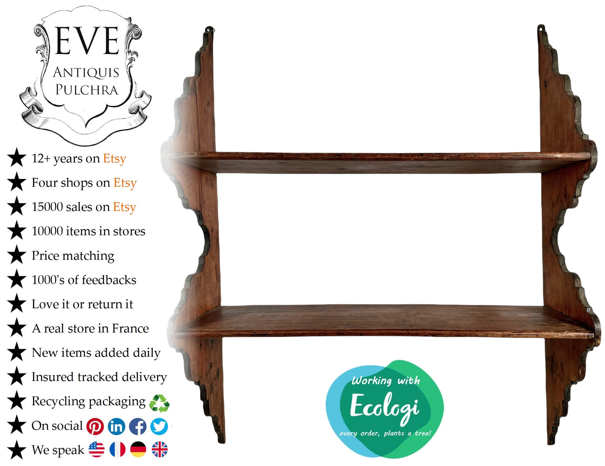 Étagère Antique Français Bois Brun Foncé Naturel Étagères Murales Support de Suspension Présentoir P