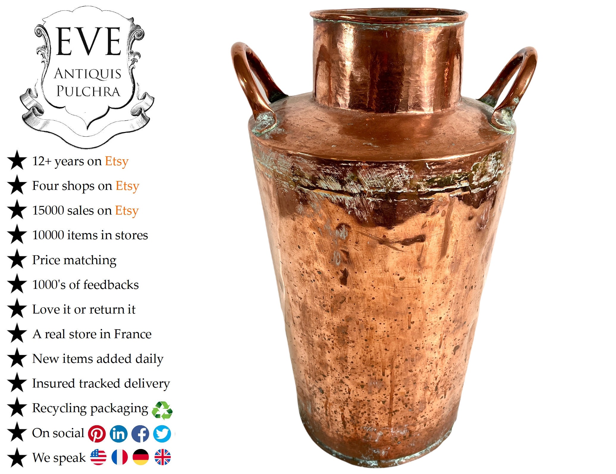 Antique Français Cuivre Extra Large Milk Churn Jug Urn Pot Vase Ornement Décoration Prop Umbrella St