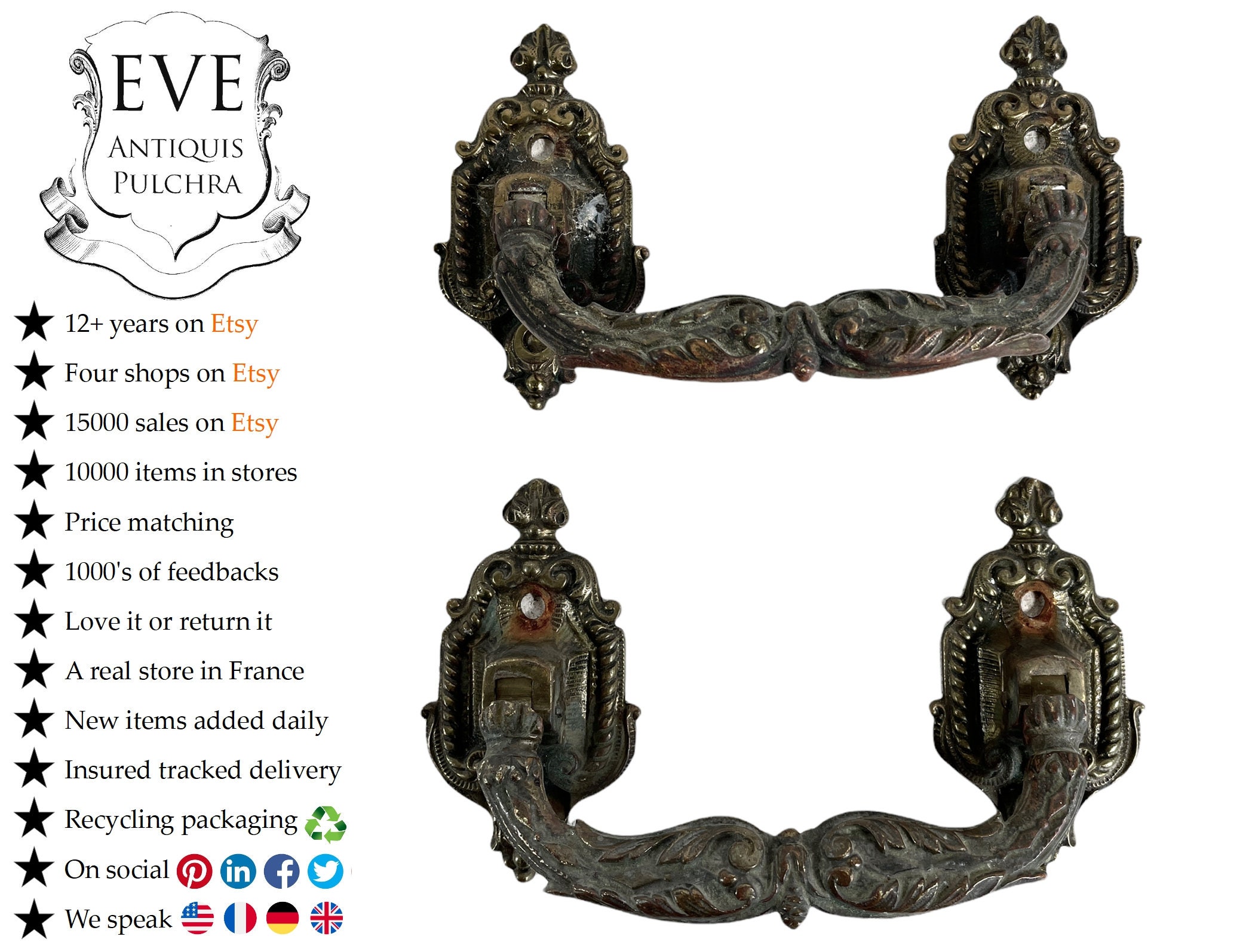 Antique Français Heavy Large Ornate Bronze Brass Metal Door Handle Pull Opener Prop Entrée Avant Deu