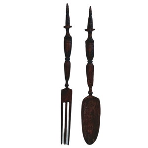 Vintage African Carved Wood Wooden Large Decorative Spoon And Fork Cutlery Wall Kitchen Decor Display c1960-70&#39;s / EVE de France
