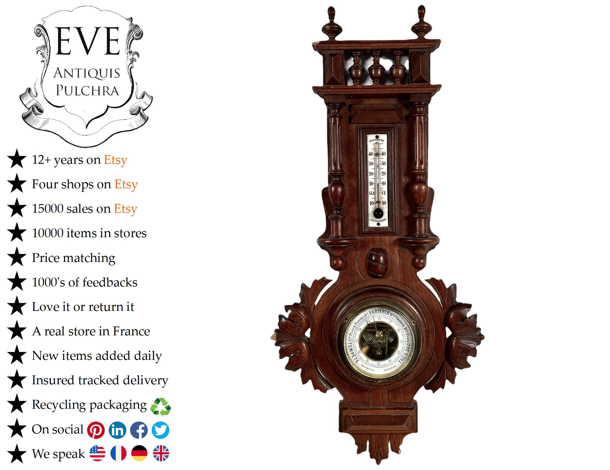 Antique Français Baromètre Thermomètre Richement en Bois Bon Ordre Instrument Entièrement Opérationn