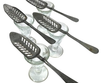 Antique French Mismatched Set Of Four Absinthe Glasses & Spoons Drinking Glass Display Ceremony Bar Decor c1900-20's / EVE
