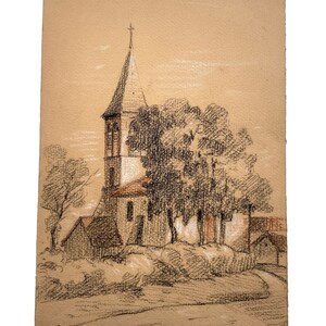 Vintage French Pencil Drawing Rural Rustic Architecture Church Chapel Buildings Study Art Wall Decor c1950-60's / EVE