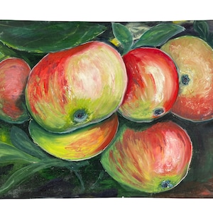 Vintage French Still Life Apples On Tree Acrylic Painting On Canvas Art Wall Hanging France circa 1980&#39;s / EVE