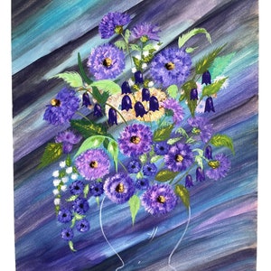 Vintage French Acrylic Painting Of Flowers On Paper Naive Style Wall Decor By Josiane Pasquier c1967 / EVE