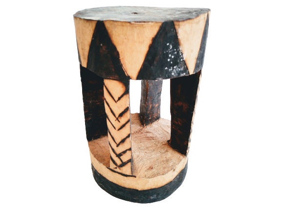 Vintage Français Tabouret en Bois Marron Naturel Brûlé Bois Petite Chaise Stand Présent Dossier Repo