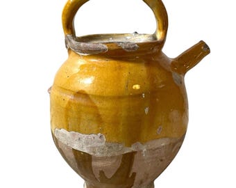 Antique French Confit Oil Pot Yellow Glazed Terracotta Clay Pot Farmhouse Garden Indoor Planter Prop Decor Display c1900’s / EVE