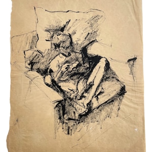 Vintage French Ink On Parchment Drawing Sketch Study Crocky Portrait On Paper Life Model Woman On Armchair Art c1950-60&#39;s / EVE