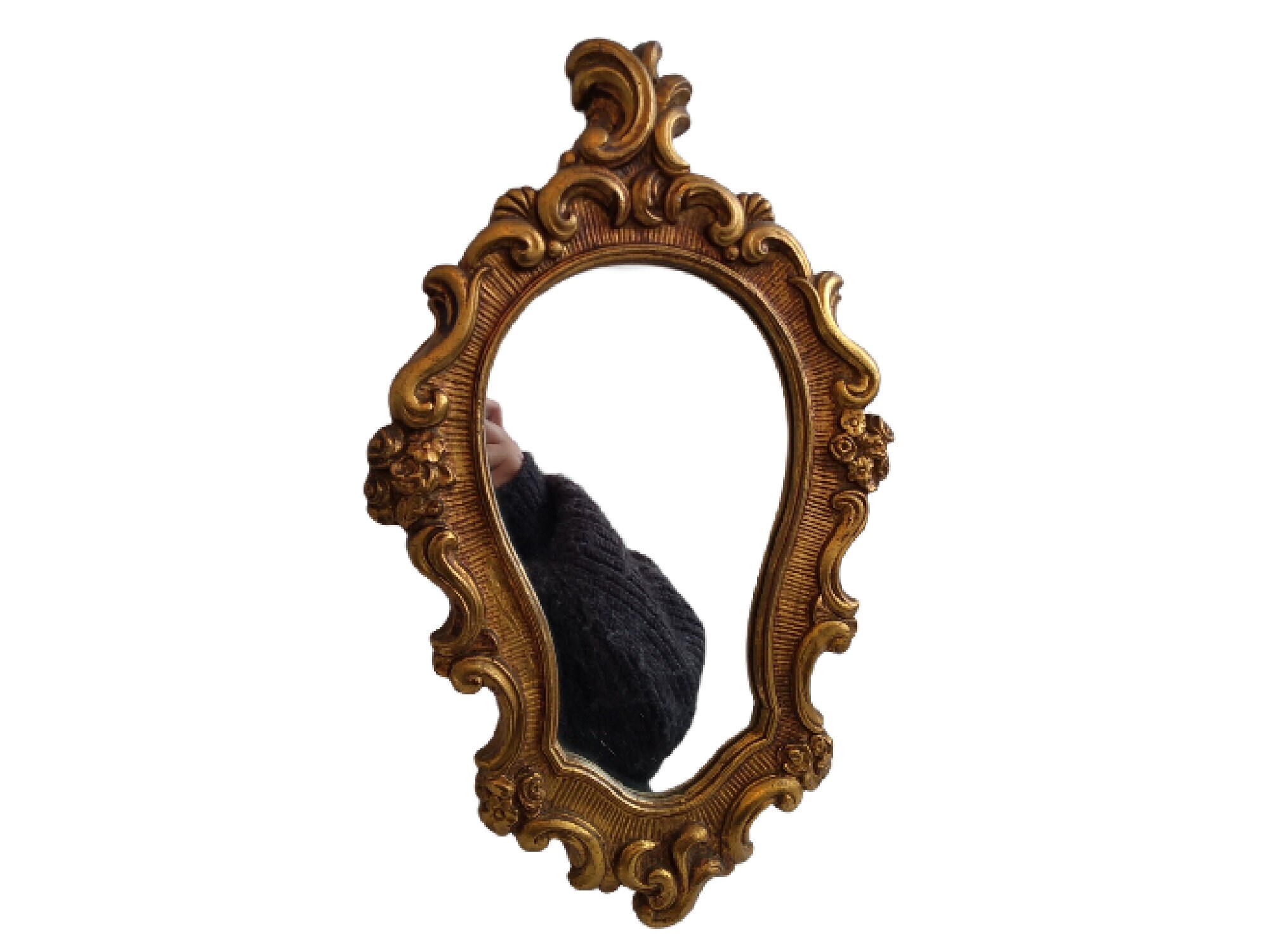 Vintage Français Antique Reproduction en Plâtre Orné Mur d'or Hanging Glass Mirror Vestiaire Décorat