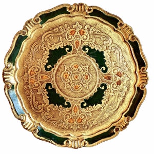 Vintage Italian Florentine Florence Gold Wood Paste Ornately Decorated Small Serving Lap Tray Table Trivet Stand Decoration c1970&#39;s / EVE