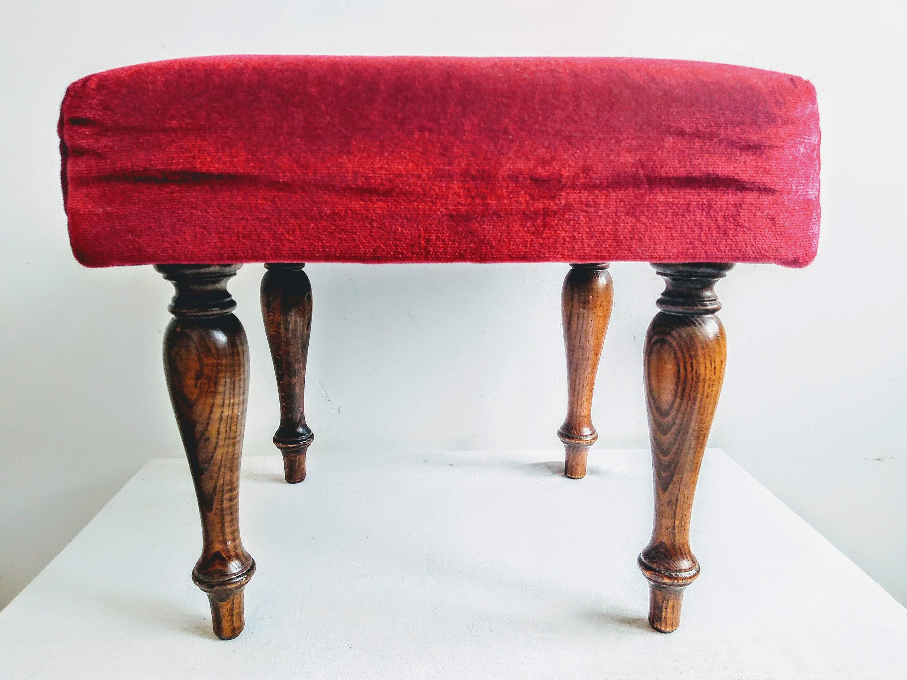 Vintage French Stool Wooden Red Brown Padded Cushioned