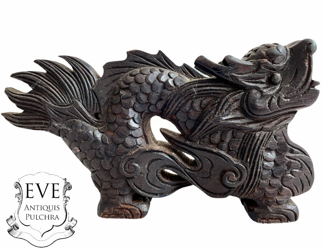 Vintage Chinois Bois Dragon Ornement Maison Décor Chine Affichage Décoration Noir Circa 1970-80/Eve