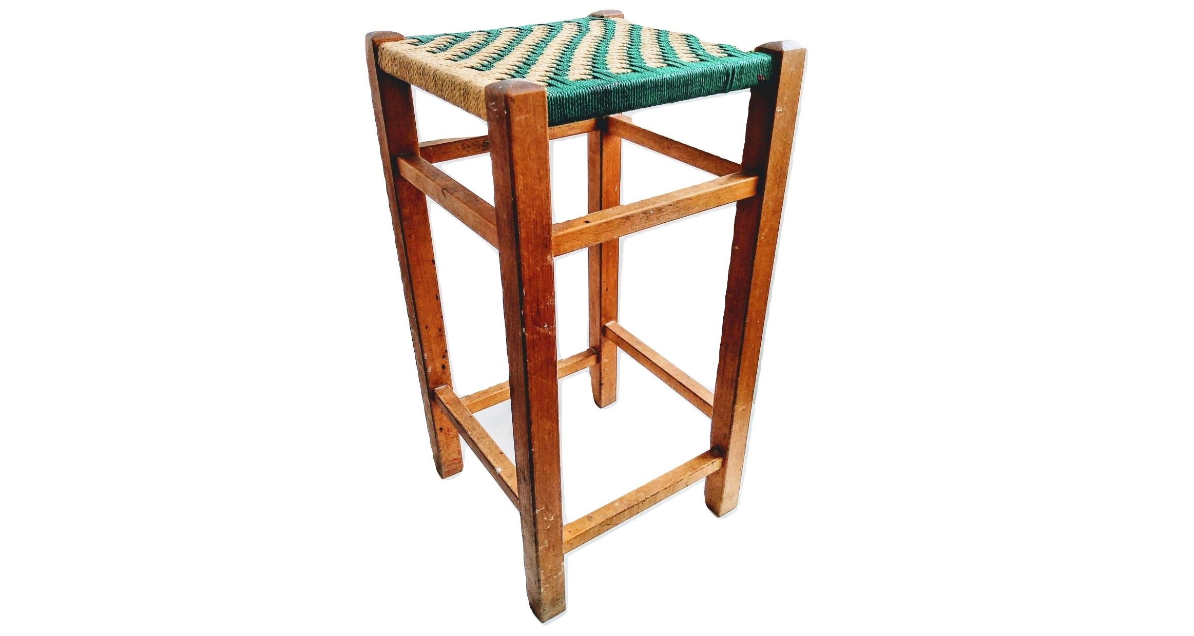 Tabouret Anglais Vintage en Bois Marron Naturel Tissé Ficelle Chaise Stand Présent Dossier Repos Siè