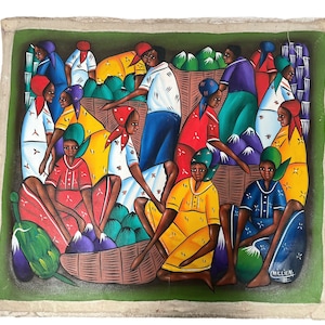 Vintage Haitian Folk Art Original Acrylic Painting Paint Art On Raw Canvas Signed Millien "Traders" circa 1980-90's / EVE