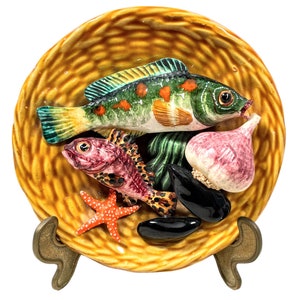 Vintage French Majolica Fish Garlic Mussels Shells Hand Painted Bowl Dish Plate Stoneware Blac Plate Wall Hanging c1950-60&#39;s / EVE