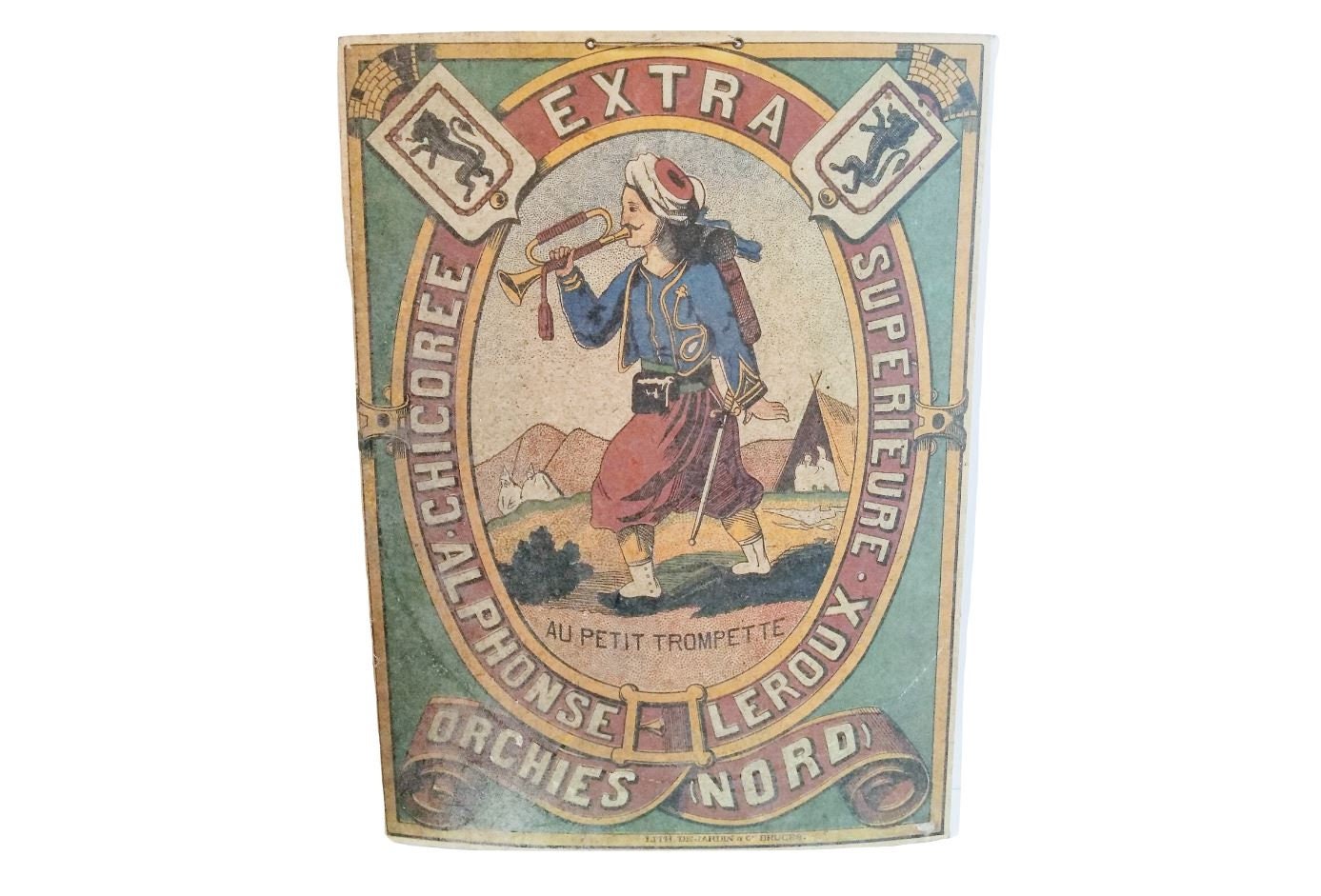 Vintage Français Large Chicoree Alphonse Leroux Au Petit Trompette Coffee Replacement Shop Sign Disp