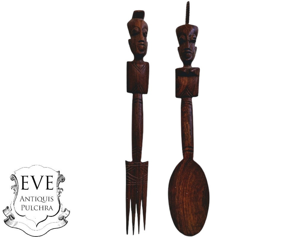 Vintage African Carved Wood Wooden Large Decorative Spoon & Fork Cutlery Wall Kitchen Decor Display 