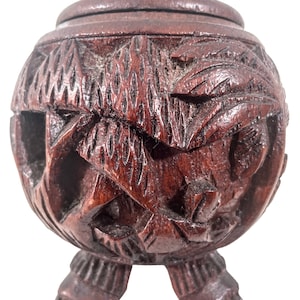 Vintage Tahitian Oceania Polynesian Decorative Hand Carved Wooden Storage Pot With Lid Ornament Decor Carving Sculpture Art c1970-80&#39;s / EVE