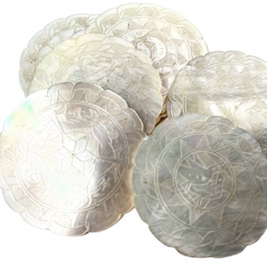 Antique Chinese Mother Of Pearl Circular Round Love Dove Flower Gaming Chip SOLD INDIVIDUALLY Counters Tokens Engraved c1800-1850&#39;s / EVE
