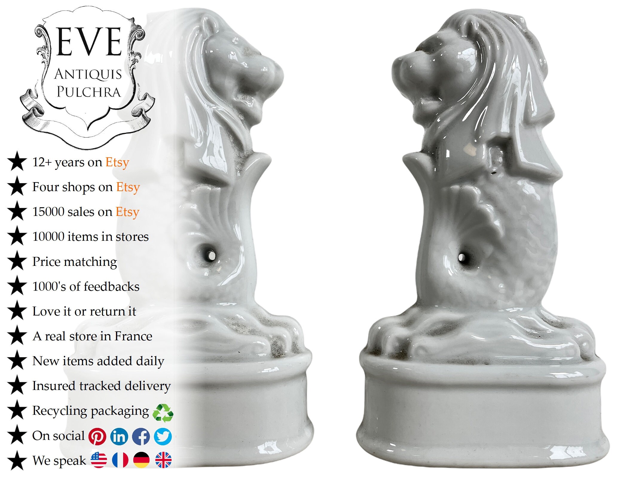 Vintage Français Porcelaine Poisson Lion Blanc Hybride Petit Ornement Figurine Affichage Cadeau Céra