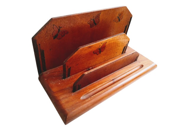 Antique Français Butterfly Decorated Desk Tidy Document Letter Stand Rest Display Wooden Wood Organi