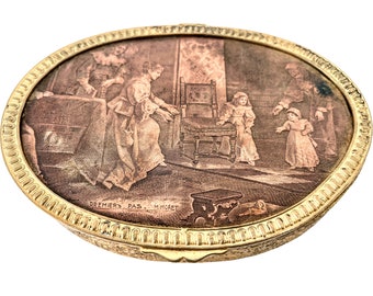 Antique Pill Jewellery Box French Brass Copper Green Velvet Lined Box Dish Catch All Trinket Jewelry Jewellery Lid circa 1850-80's / EVE